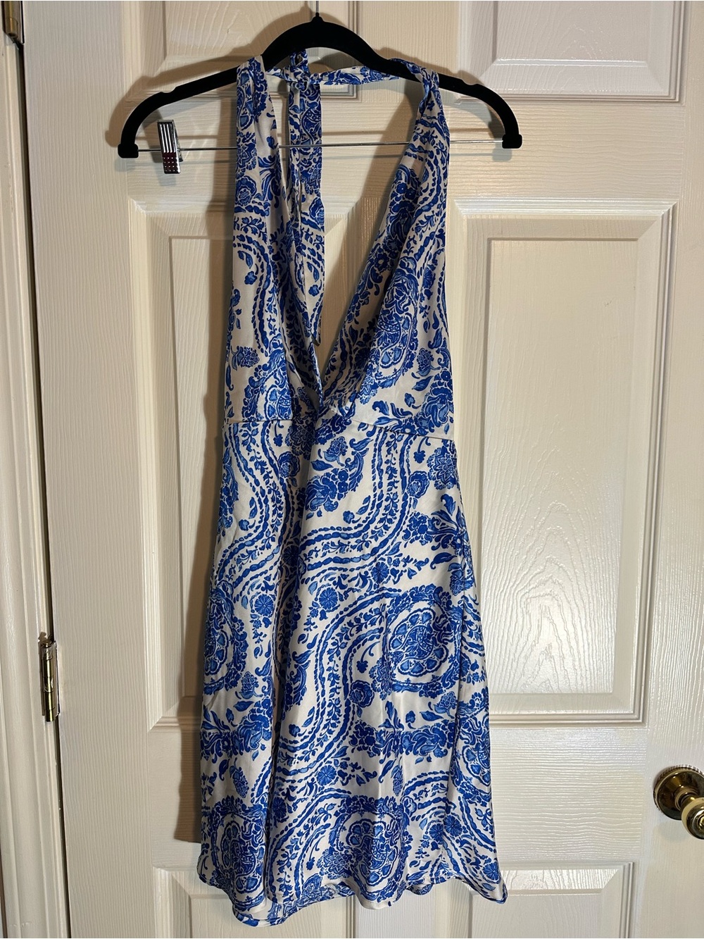 Blue and White Paisley Backless Halter Dress